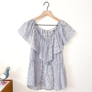 Rebecca Taylor Silver Leopard Print Silk Ruffled Top